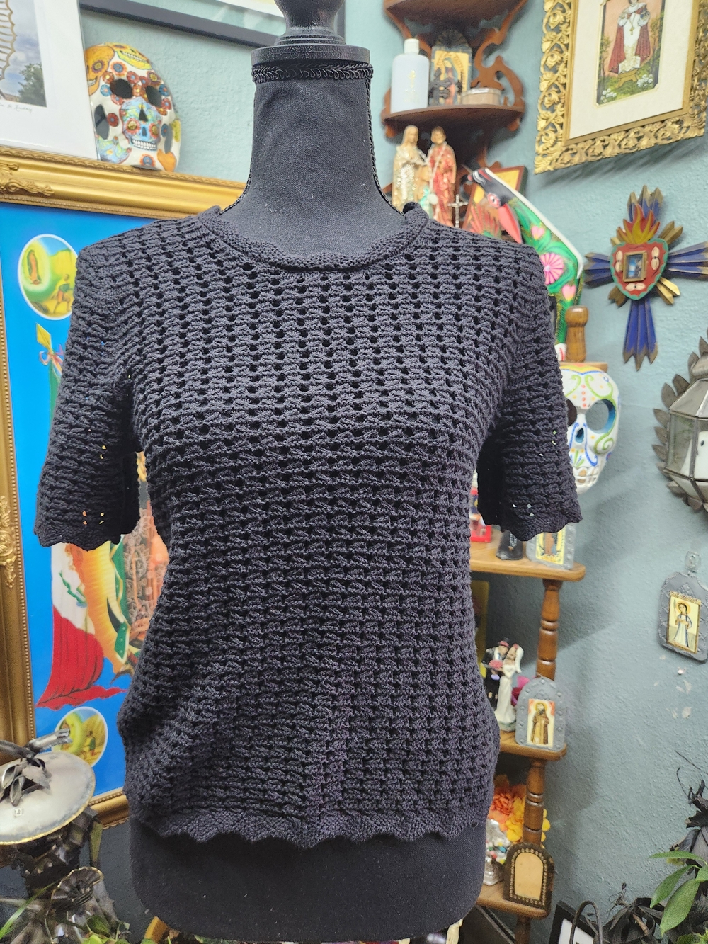 GAP Black Open-Knit Short Sleeve Top
